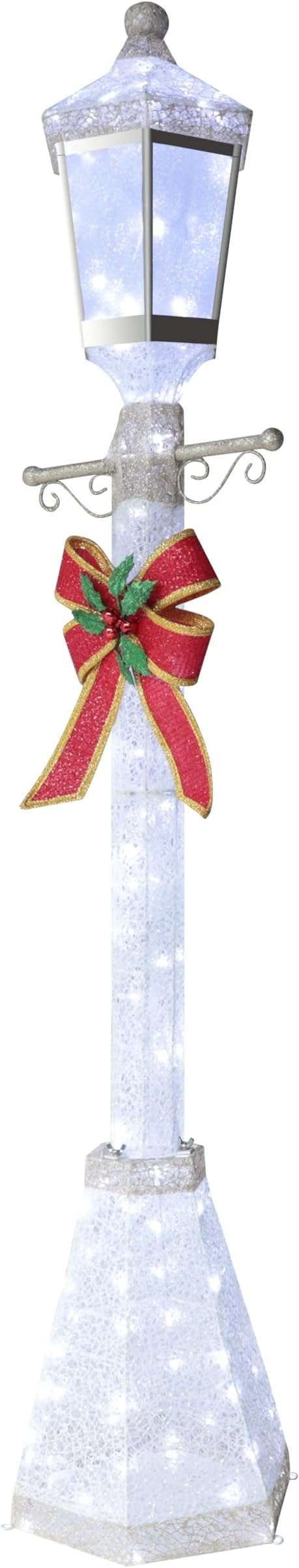 6FT Lighted Freestanding Lamp Post for Christmas Decoration, Pre-Lit Iridescent Post Lamp with 120 LED Lights & Removable Bow, Outdoor 3D Glittered Standing Festival Display, White-CasaMuseHome