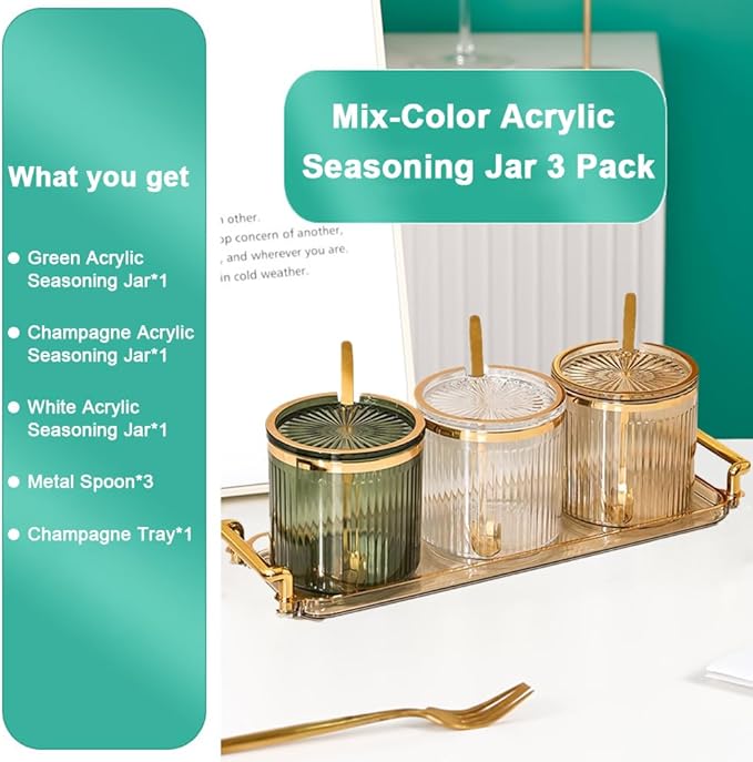 Acrylic Condiment Spice Jars,Condiment Spice Box With Lids and Spoons and Tray,Clear Plastic Sugar Salt Canisters,Seasoning Box 3 Pack,Seasoning Box Set for Kitchen to Storage Salt,Paprika,Sugar-CasaMuseHome