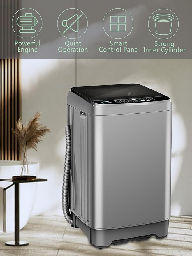 25 lbs Full Automatic Washing Machine with LED Display Compact Washing Machine with Drain Dump, 10 Wash Programs and 8 Water Levels Ideal for Dorms, Apartments, RV, Grey-CasaMuseHome