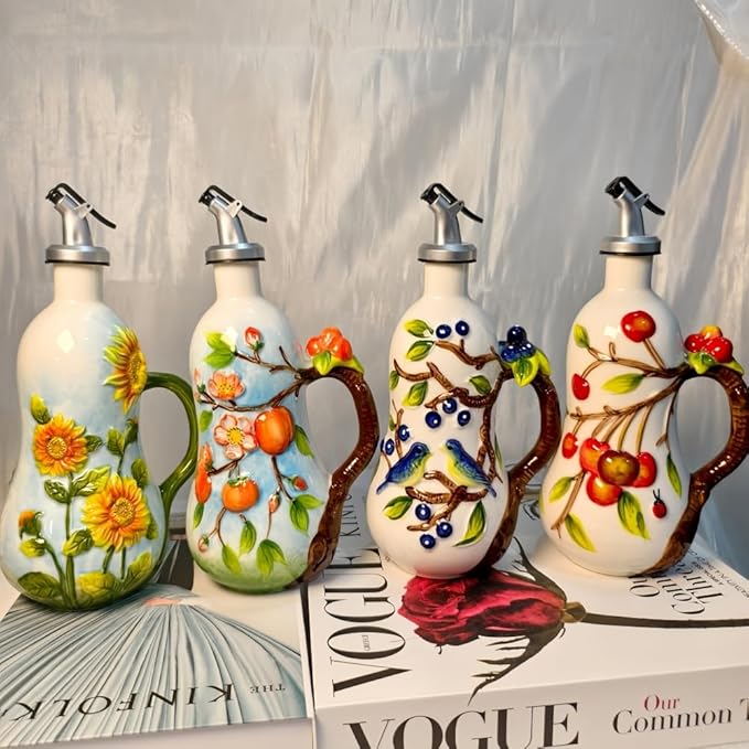 18.26oz/540ml Ceramics Olive Oil Dispenser Bottle,Hand Painted Reliefs Oil Dispenser for Kitchen,Oil Bottles for Kitchen (Cherry)-CasaMuseHome