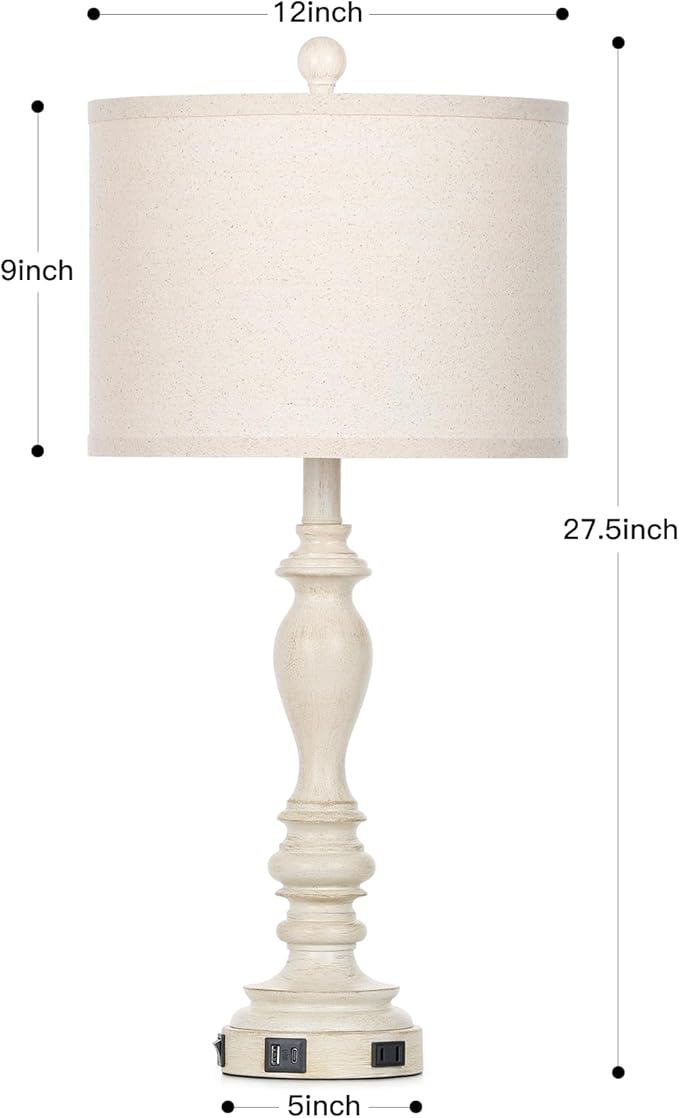 27.5" Retro Table Lamps Set of 2 with USB A+C Charging Ports -Nightstand Lamp for Bedroom Vintage Rustic Table Lamps for Living Room Traditional Nightstand Bedside Lamps(2 Bulbs Included)-CasaMuseHome