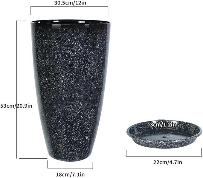2 Pcs Pack 21 Inches Plastic Resin Tall Tapered Planter Pots Large Round Planter Flower Pot with Drainage Holes for Indoor Outdoor Deck Porch Garden Home Patio Front Door (Black, L)-CasaMuseHome