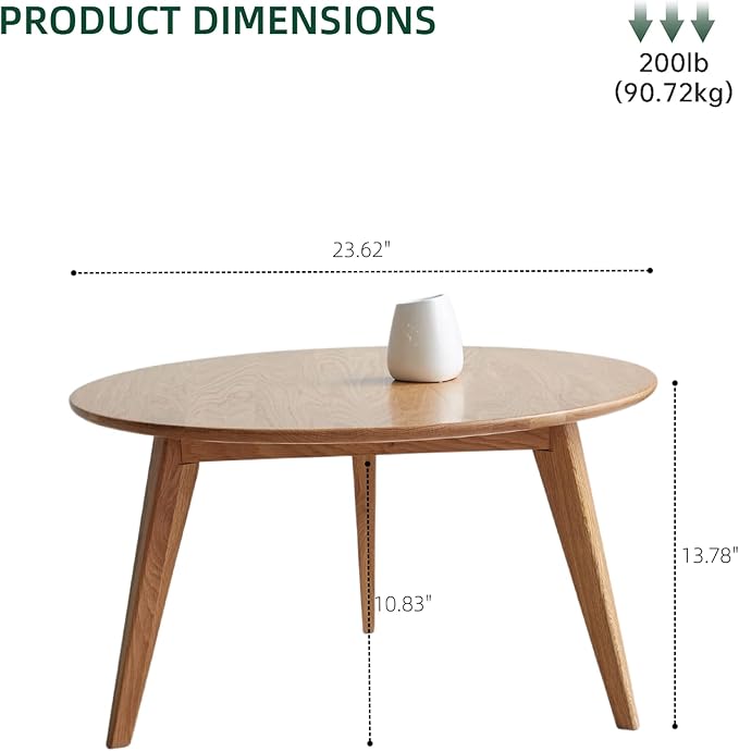 100% Solid Oak Wood Mini Coffee Table, Round Living Room Table Side Table w/Solid Wood Legs, Walnut Mid Century Sturdy Tables for Bedroom Balcony Living Room (23.62" D x 13.78" H)-CasaMuseHome