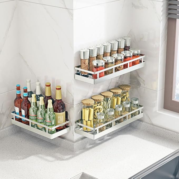 2PCS Kitchen Spice Rack, SUS304 Stainless steel Wall Mount Storage Rack, Seasoning Container, 11.8Inch Spice Organizer, Kitchen Seasoning Hanging Rack, Bathroom Shelf for Storing Toiletries-CasaMuseHome