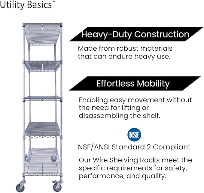 48"x18"x72" Chrome 5-Tier PREMIUM Wire Shelving NSF 4000 LBS MAX CAPACITY Heavy Duty Steel Storage Rack for Warehouses, Garages, Hospitals, Commercial Spaces, & Schools w/PREMIUM WHEELS-CasaMuseHome