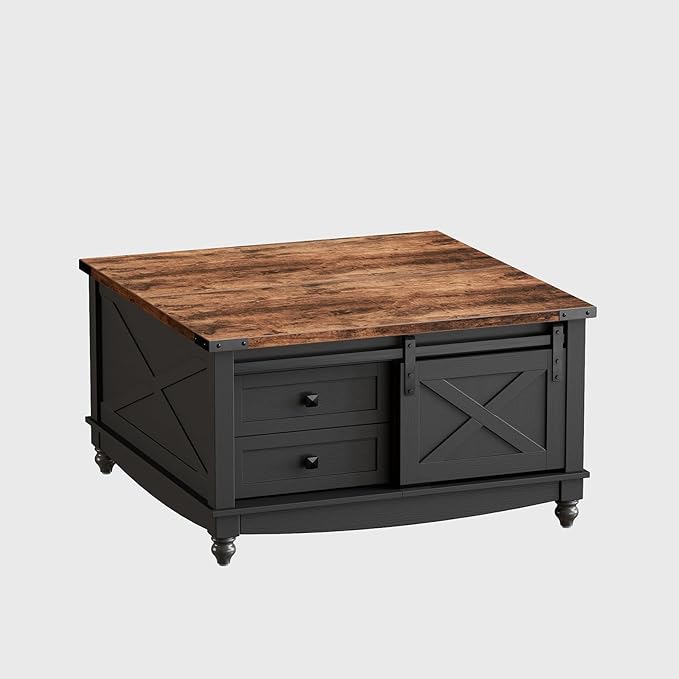 31.5" Lift Top Coffee Table with Storage, Farmhouse Coffee Tables for Living Room, Square Coffee Table with Large Hidden Storage Compartment, 2 Drawers & Removable Shelves, Black-CasaMuseHome