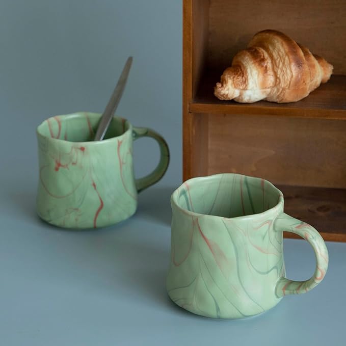 Abstract Art Ceramic Coffee Mugs Set - 2 Pack, Mint Green with Red and White Accents, Handcrafted Design for Modern Kitchen or Office-CasaMuseHome