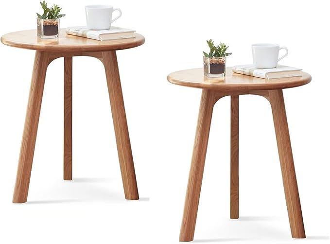100% Solid Oak Round Side Table Set of 2, Small Bedside Table for Small Spaces, Living Room End Table with Stable Frame, Modern Nightstand for Bedroom Couch(Natural, 17.71" D x 19.68" H)-CasaMuseHome