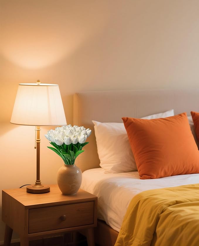 15pcs White Tulips PU Artificial Flowers Real Touch Fake Tulips for Spring Easter Home Kitchen Wedding Bouquet Bulk Mother's Gift Day Decorations-CasaMuseHome