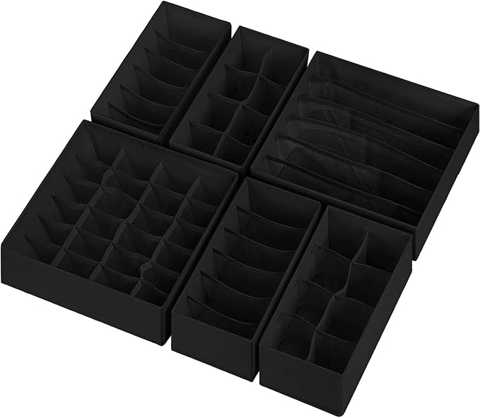6 Pack Sock Underwear Drawer Organizer Dividers, 58 Cell Foldable Fabric Dresser Closet Organizers and Storage Bins for Clothing, Baby Clothes, Bra, Panty, Scarf, Ties (Black)-CasaMuseHome