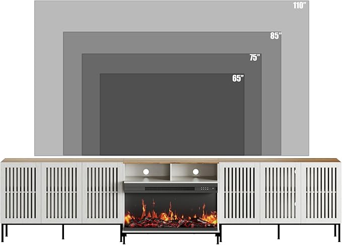 3-Sided Glass Farmhouse Fireplace TV Stand for TVs Up to 110 Inch, Entertainment Center with 36" Electric Fireplace, Antique White TV Console with Storage Cabinets for Living Room-CasaMuseHome