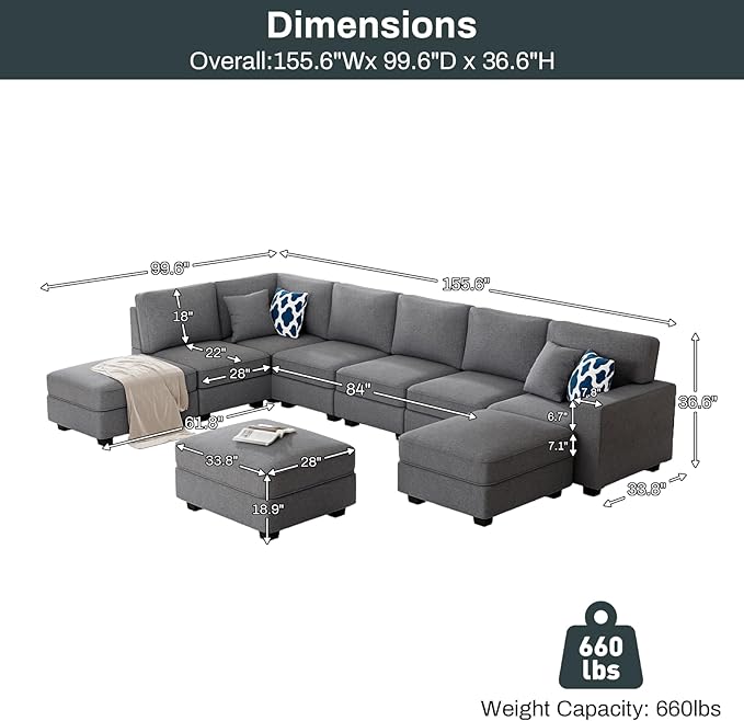 L Lengend Vansen Modular Sectional Sofa U Shaped Couch with Ottoman Modern Reversible Corner Sectional Couch for Living Room (Dark Grey, U Shaped Sofa-4)-CasaMuseHome