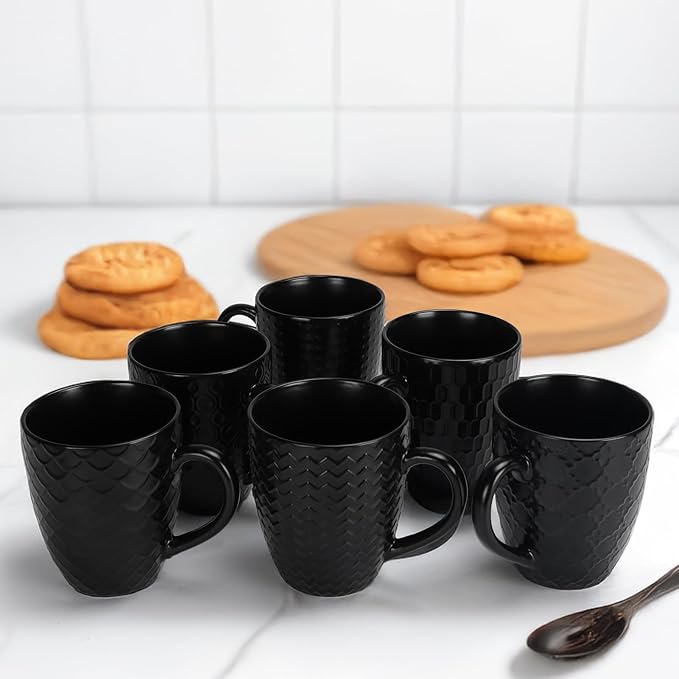 16 OZ Bone Coffee Mugs Set of 6 Matte Black, Large Ceramic Coffee Mugs Set with Different Texture Patterns, Porcelain Cups with Handle for Espresso Latte Tea Milk-CasaMuseHome