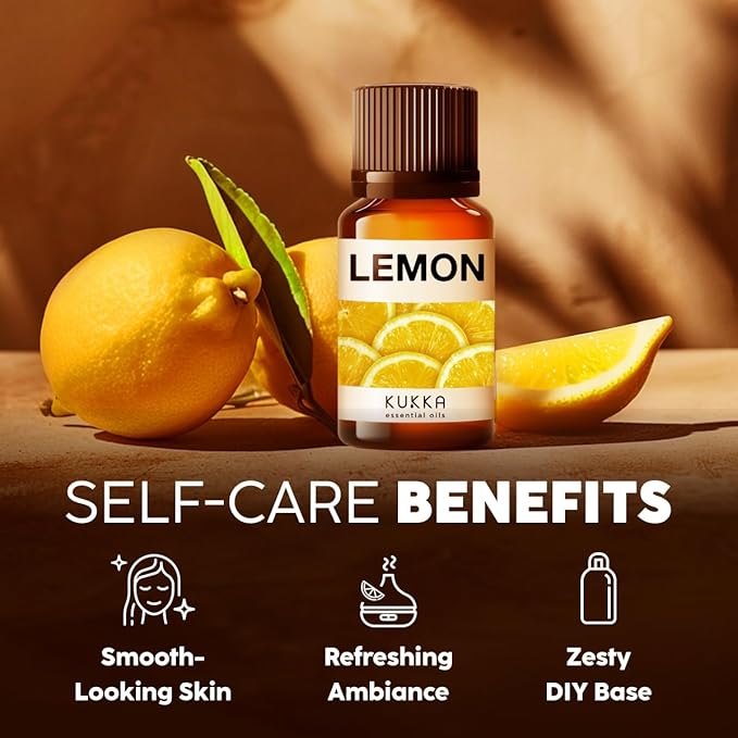 Kukka Lemon Essential Oil for Skin, Diffuser & DIY - 0.34 Fl Oz - 100% Pure Natural, Fresh Lemon Scent, for Cleaning,Aromatherapy,Candles,Soap Making Scent DIY