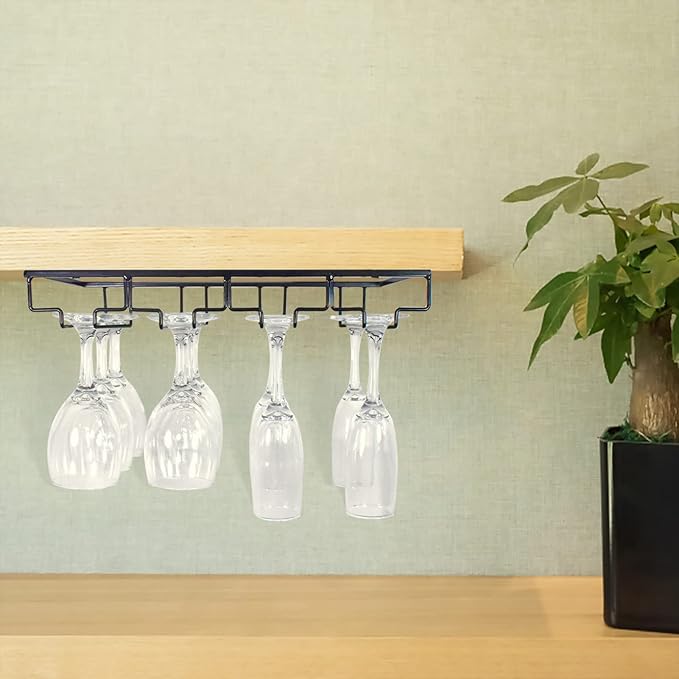 4 Rows Wine Glass Rack Under Cabinet Hanging Stemware Wine Glass Holder Under Shelf Wire Wine Glasses Racks Hanger for Bar, Kitchen (1, 4 Rows)-CasaMuseHome