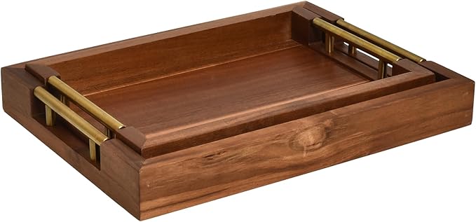 Set of 2 Acacia Wood Serving Trays with Gold Metal Handles for Food Serving, Appetizers & Snacks - Ideal for Bed, TV, Ottoman or Coffee Table Décor, Home Decoration Accessory 15.75x11.8 Inch-CasaMuseHome