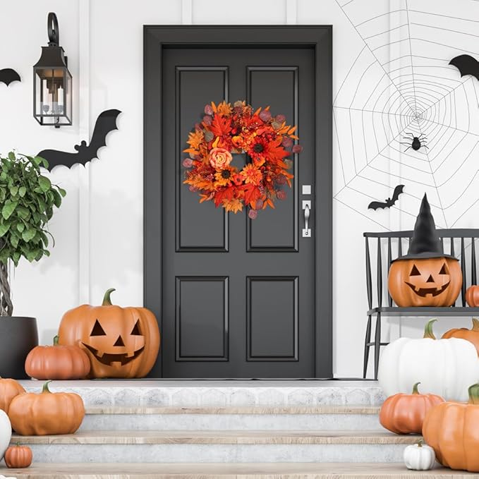 24" Fall Wreath for Front Door Outside - Sunflower, Pumpkin, Berry & Maple Leaves | Weatherproof Autumn Outdoor Wreaths with Hanger Hook for Thanksgiving, Harvest-CasaMuseHome