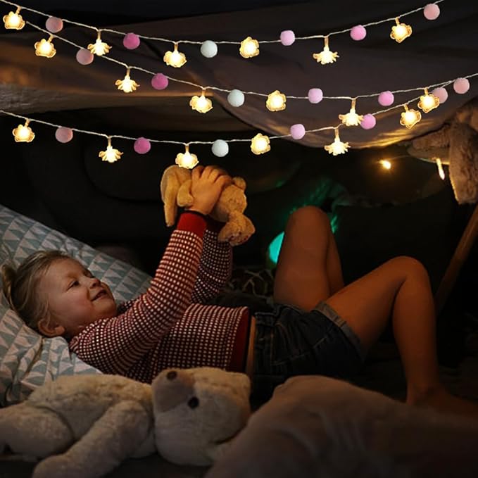 9.85Ft String Lights 20 Cute Pink Pompoms 20 LEDs Rose Fairy Lights Garland Battey Operated with Timer Flower Lights for Bedroom Kids Room Party Birthday Wedding Valentines Decorations-CasaMuseHome