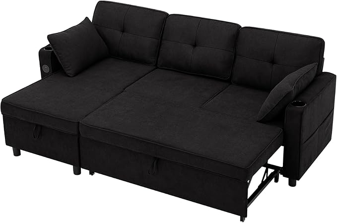 84 Inches Fabric Sectional Sofa w/Pull Out Sofa Bed & Adjustable Back, Tufted L Shaped Couch w/Storage Chaise, Sleeper Sectional Sofa w/USB Port & Cup Holders for Living Room, Black-CasaMuseHome