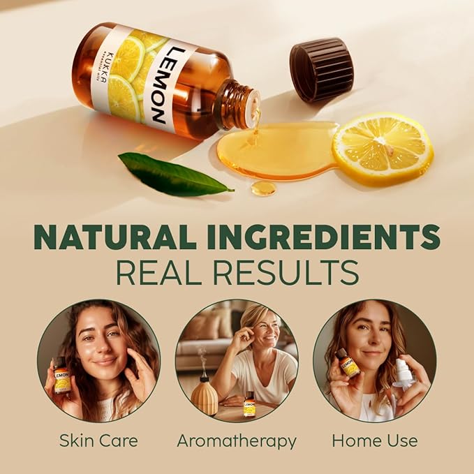 Kukka Lemon Essential Oil for Skin, Diffuser & DIY - 0.34 Fl Oz - 100% Pure Natural, Fresh Lemon Scent, for Cleaning,Aromatherapy,Candles,Soap Making Scent DIY