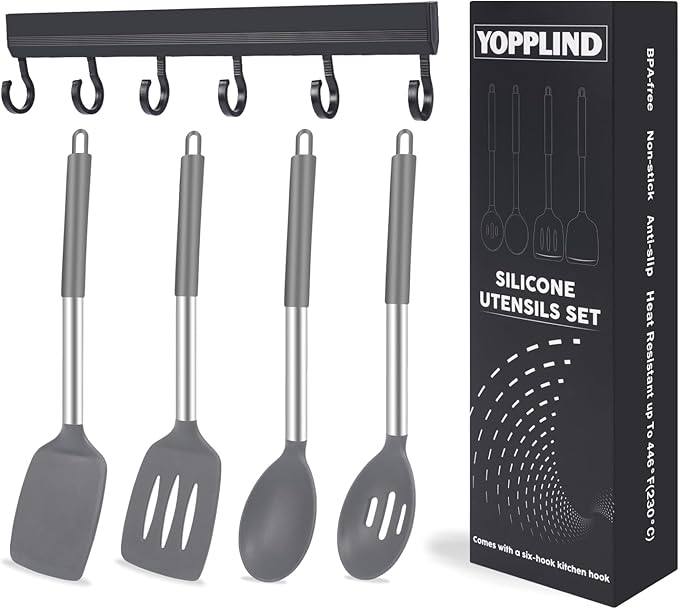 5-Piece Silicone Kitchen Tool Set, BPA-Free, Heat-Resistant, Non-Stick & Dishwasher-Safe, with Slotted/Solid Spoons & Spatulas for Frying, Mixing, Draining – Includes Multi-Purpose Serving Hook(Gray)-CasaMuseHome
