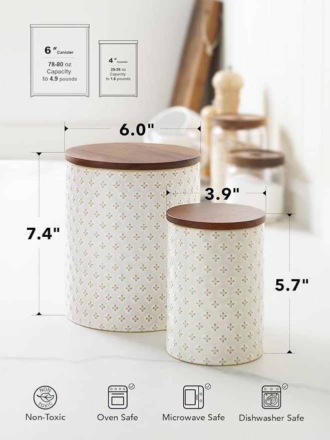 LE TAUCI Food Storage Containers with Airtight Lids, 78/25 oz Ceramic Sugar Canisters Sets, Embossed Large Jars for Pasta, Oats, Coffee Bean, Cookies, Rice, Grains, Tea - Set of 2, Clover-CasaMuseHome