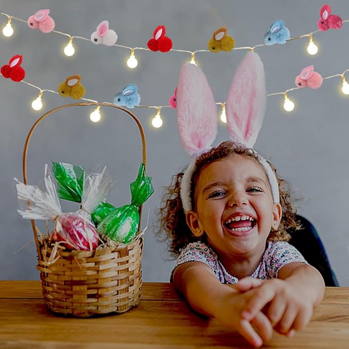 9.85Ft Easter Decor String Lights with Timer 20 Rabbit Shaped Pompoms 20 Ball LED Garland Battery Operated Easter Decorations Bunny Lights for Home Party Kids Room Bedroom Birthday Wedding Indoor-CasaMuseHome