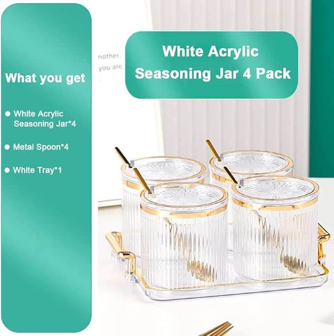 Acrylic Condiment Spice Jars,Condiment Spice Box With Lids and Spoons and Tray,Clear Plastic Sugar Salt Canisters,Seasoning Box 4 Pack,Seasoning Box Set for Kitchen to Storage Salt,Paprika,Sugar-CasaMuseHome