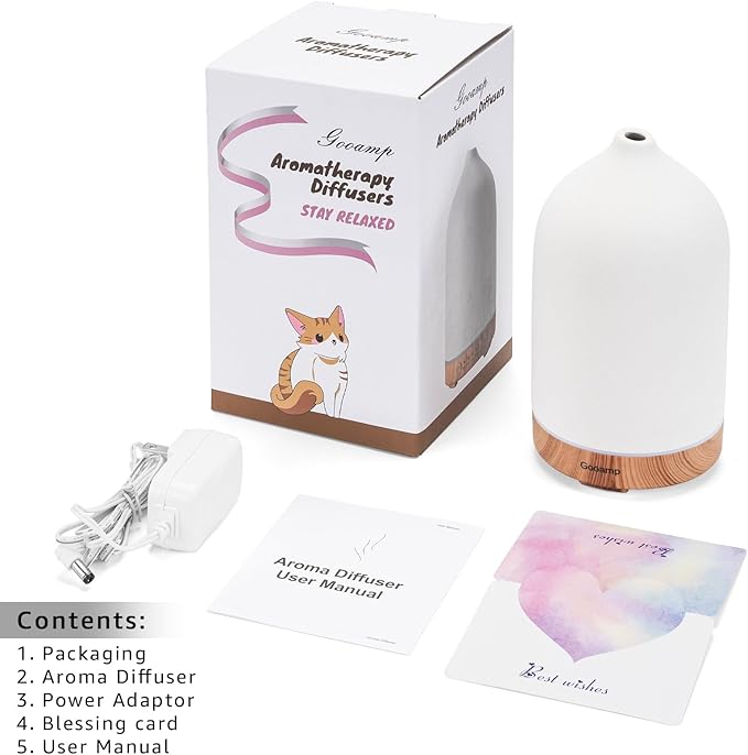 200ML Ceramic Essential Oil Diffuser - Ultrasonic Aromatherapy & Humidifier with 7-Color LED Lights, Auto Shut-Off, Wood Grain Base, 1H/3H/6H Timer | Scent for Home, Office, Yoga-CasaMuseHome