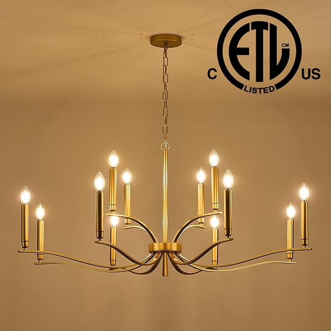 12 Light Gold Living Room Chandelier High Ceiling Foyer Candle Chandelier Large Modern Brass 44in Metal Chandeliers Hanging Light for Master Bedroom Dining Room Light Fixture Over Table-CasaMuseHome