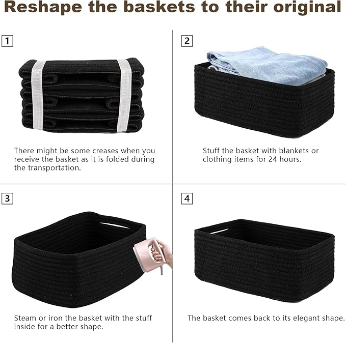 3 Pack Small Storage Baskets for Organizing, Cute Woven Decorative Gift Baskets for Shelves, Mini Closet Organizer Bins with Handles, 11.81''Lx7.87''Wx4.72''H-Black-CasaMuseHome