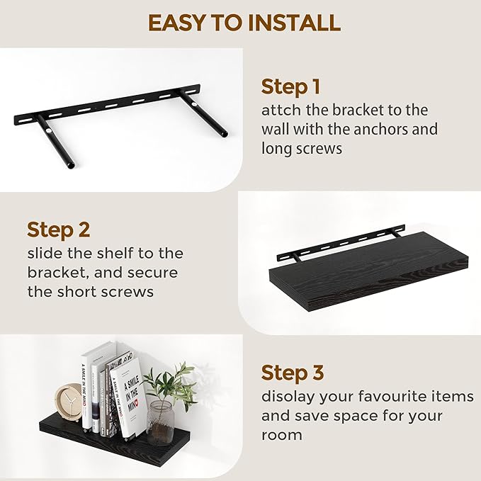 48 Inch Floating Shelves Black, Rustic Wood Floating Shelf Wall Mounted, 9 Inch Deep Floating Shelf for Kitchen, Bedroom, 48 x 9 Wall Shelves for Home Storage, Set of 1-CasaMuseHome