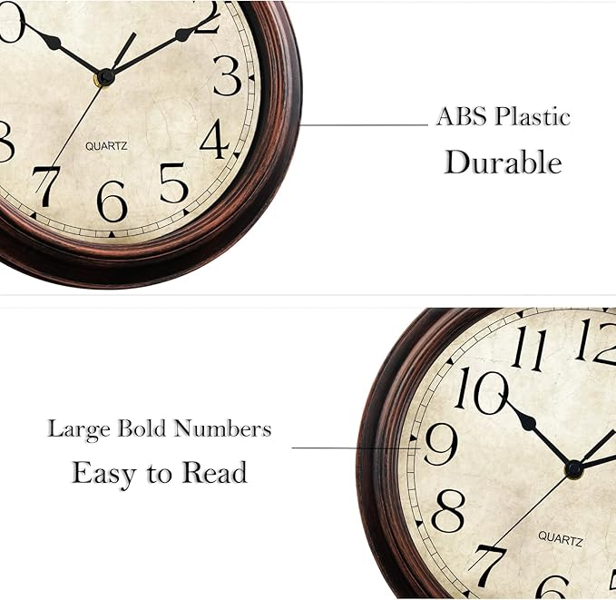 14 Inch Wall Clocks Battery Operated Silent Non-Ticking Analog Wall Clock Vintage Retro Rustic Style Decorative for Living Room Kitchen Home Office(Bronze)-CasaMuseHome