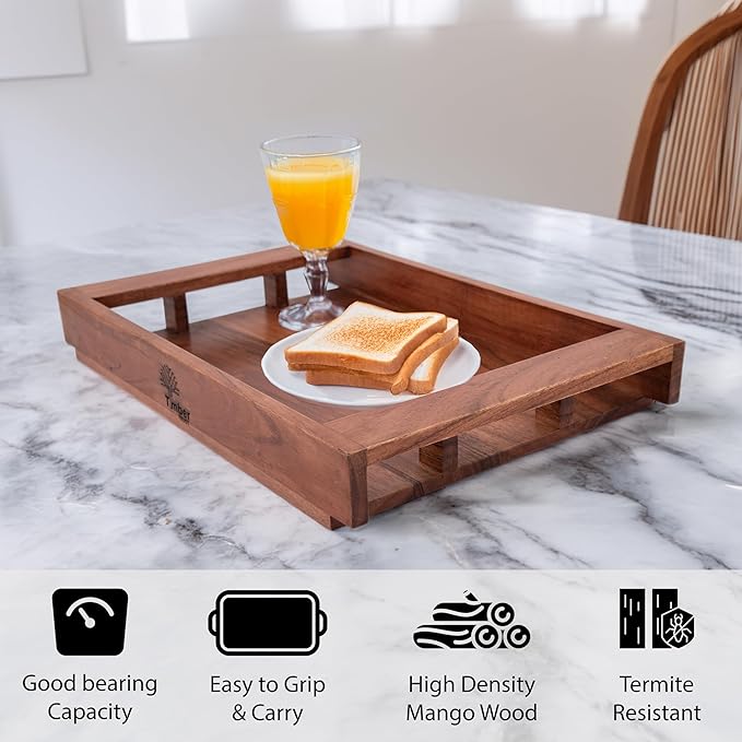 Acacia Wood Serving Tray with Handles – 15x10x2 Inch Decorative Tray for Breakfast in Bed, Dinner, Appetizers, Coffee Table, BBQ, Patio & Party – Perfect for Lap & Couch Use-CasaMuseHome
