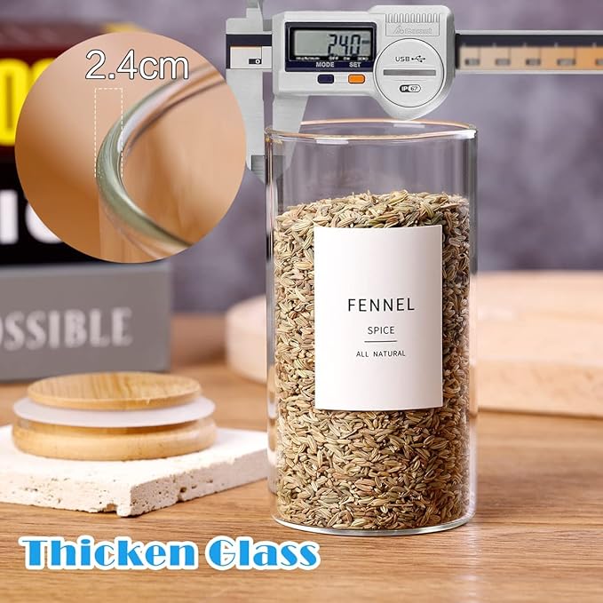12 Pcs Glass Spice Jars With Bamboo Airtight Lids, 10oz Thicken(2.4mm) Spice Containers With 148 Minimalist Preprinted Waterproof Spice Labels, Kitchen Empty Small Storage Jars For Seasoning, Herb-CasaMuseHome