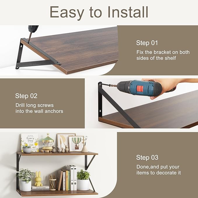 12 Inch Deep Floating Shelves,48W x 12D Floating Shelves, Deep Wall Shelves Bracket Set of 2, Large Display Floating Shelf for Bathroom, Living Room, Wide Storage Wooden Wall Shelf, Walnut-CasaMuseHome