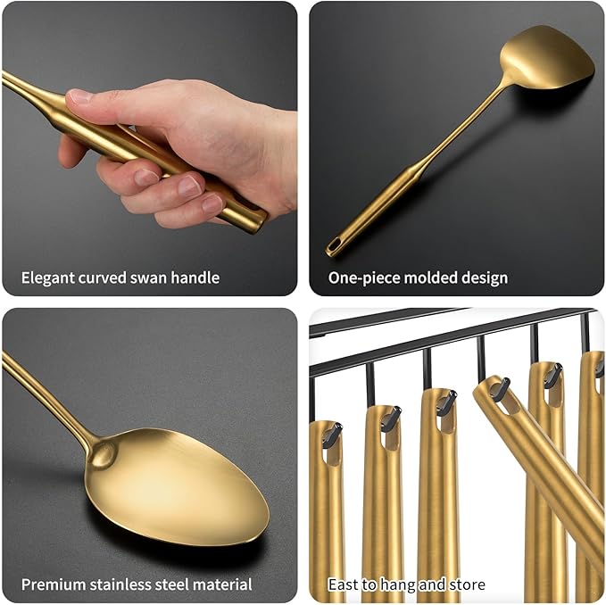 304 Stainless Steel Cooking Utensil,Kitchen Kitchen Utensil with Spatula, Solid Spoon, Ladle, Skimmer, Spaghetti Spoon, 6 Piece Set, Dishwasher Safe(Gold)-CasaMuseHome