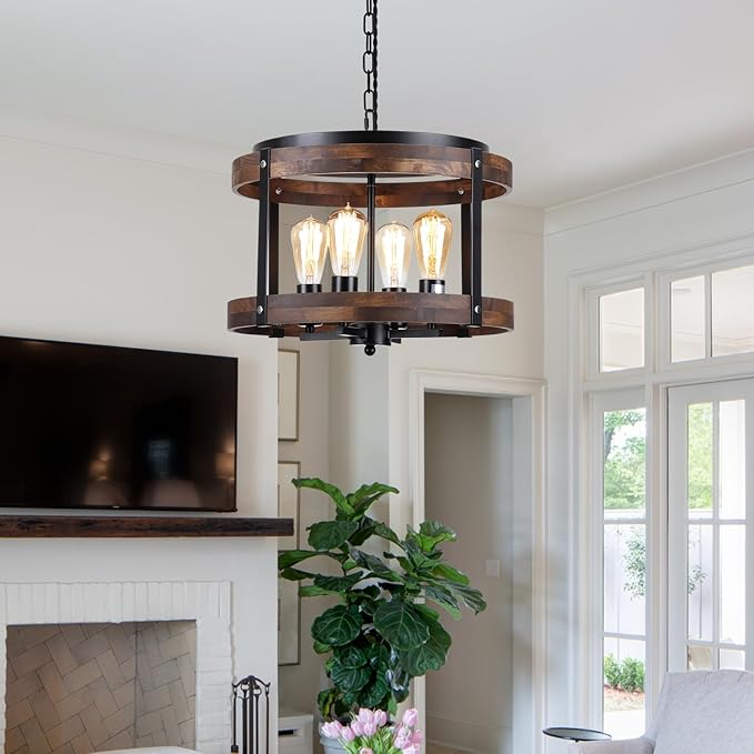 4-Light Large Rustic Farmhouse Wood Pendant Light Fixture with Adjustable Chain, 16.5 inch Oak Wood Drum Chandelier for Dining Room Kitchen Island Farmhouse Living Room Hallway, Black-CasaMuseHome