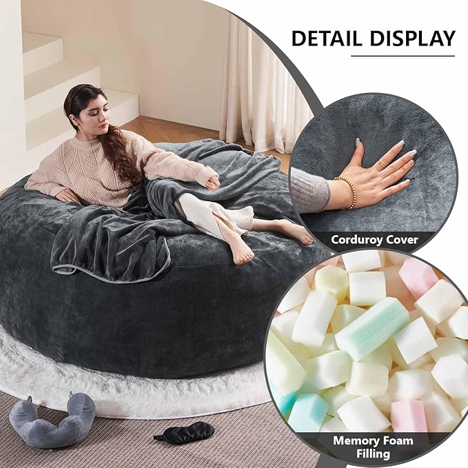 6FT,Oversized Bean Bag Chairs for Adults,Giant beanbag with Filler Included,Fluffy Memory Foam,Soft and Comfy Corduroy Fabric,Gaming Chairs Suitable for Living Room and Bedroom (Dark Gray, 6 Foot)-CasaMuseHome
