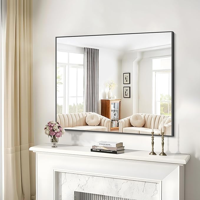 36x50inch Bathroom Mirror, Black Rectangle Mirrors with Thin Metal Frame, Large Rectangular Wall Mirror for Bathroom, Living Roomm, Hair Salon, Big Farmehouse Mirror Hang Horizontal/Vertical-CasaMuseHome