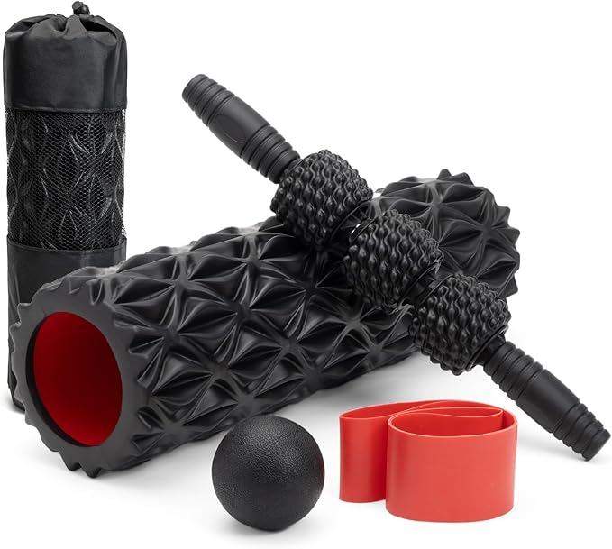 5 in1 Foam Roller Set, Trigger Point Foam Roller, Massage Roller Stick, Massage Ball, Resistance Band for Deep Muscle Massage Pilates Yoga,Fitness Exercise for Whole Body (Pure Black)-CasaMuseHome