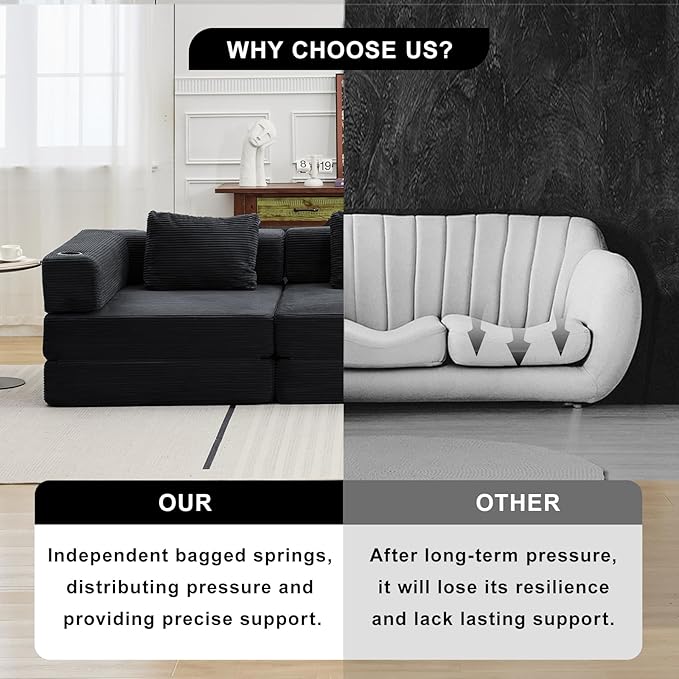 78" W Loveseat Sofa, 4 in 1 Convertible Floor Sofa Bed, Boneless Cloud Couch with Cup Holder, Fold Out Floor Couch, Loveseat Recliner Sleeper for Living Room Bedroom Lounge(Corduroy, White)-CasaMuseHome