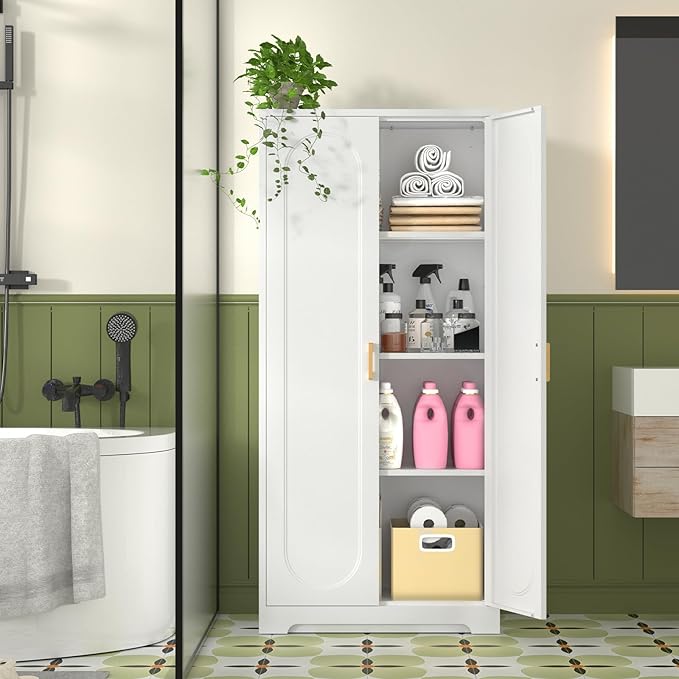 60" Tall Kitchen Pantry Cabinet, Metal Pantry Cabinet with Doors and Adjustable Shelves, White Utility Storage Cabinet with Handles for Dining Room, Bathroom, Laundry Room - Assemble Required-CasaMuseHome