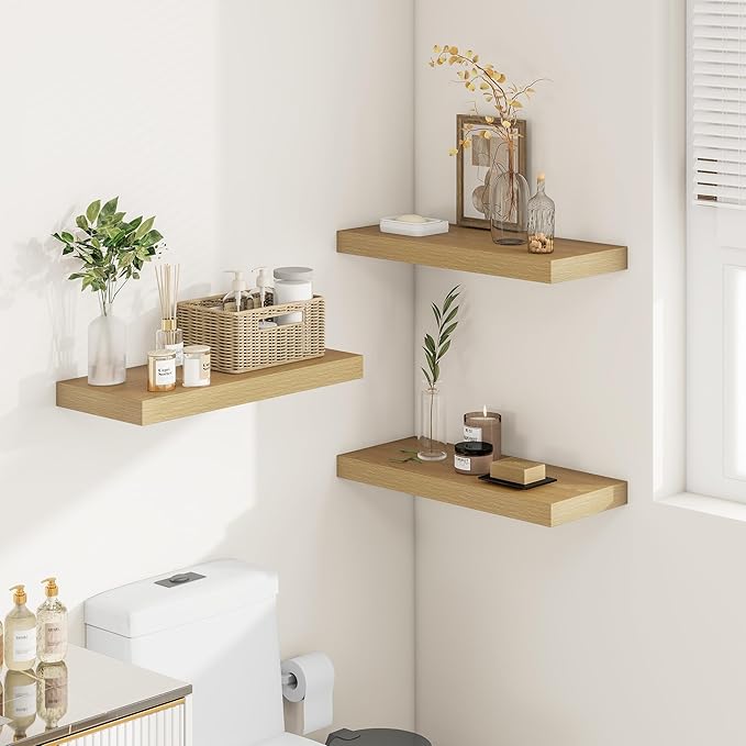12 Inch Deep Floating Shelves 24 inch Long, 24 x 12 Wide Wall Shelves with Invisible Brackets, Heavy Duty Shelf for Bedroom Bathroom Living Room Kitchen Office Home Decor, Modern Shelf Set of 2, Oak-CasaMuseHome