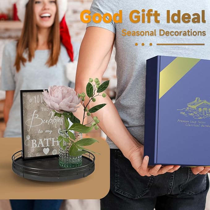 10" Oak Bathroom Vanity Tray Turntable for Perfume Candle, Round Wooden Decorative Tray for Kitchen Sink Countertop Organizer, Bathroom Counter Organizer for Skincare Makeup, Farmhouse Black Gold-CasaMuseHome