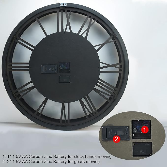 27 inch Large Real Moving Gears Wall Clock with Toughened Glass Cover, Oversized Solid Wood Retro Farmhouse Clock, Giant Decorative Rustic Wall Clock for Living Room Home Kitchen Office (Black)-CasaMuseHome