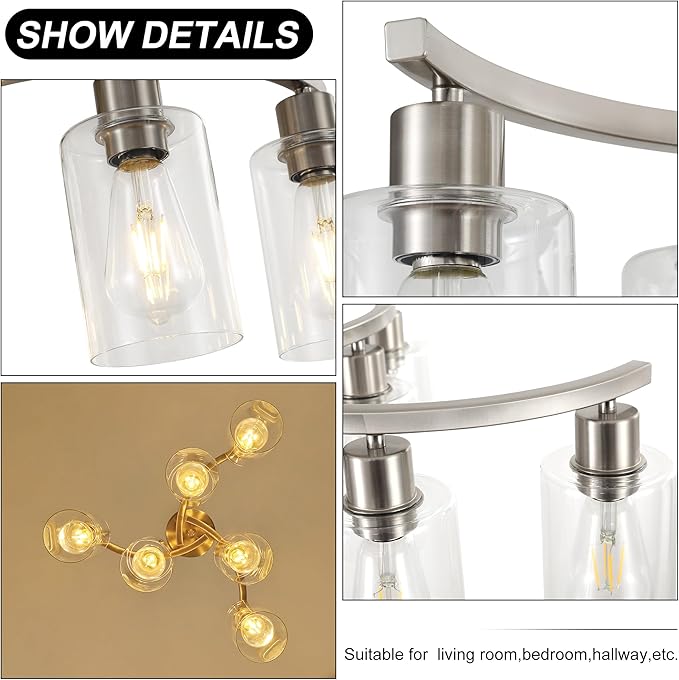 6-Light Brushed Nickel Chandeliers for Dining Room Light Fixtures Over Table, Adjustable Height Hanging Industrial Pendant Lighting for Kitchen Island Bedroom, Clear Glass Shade-CasaMuseHome