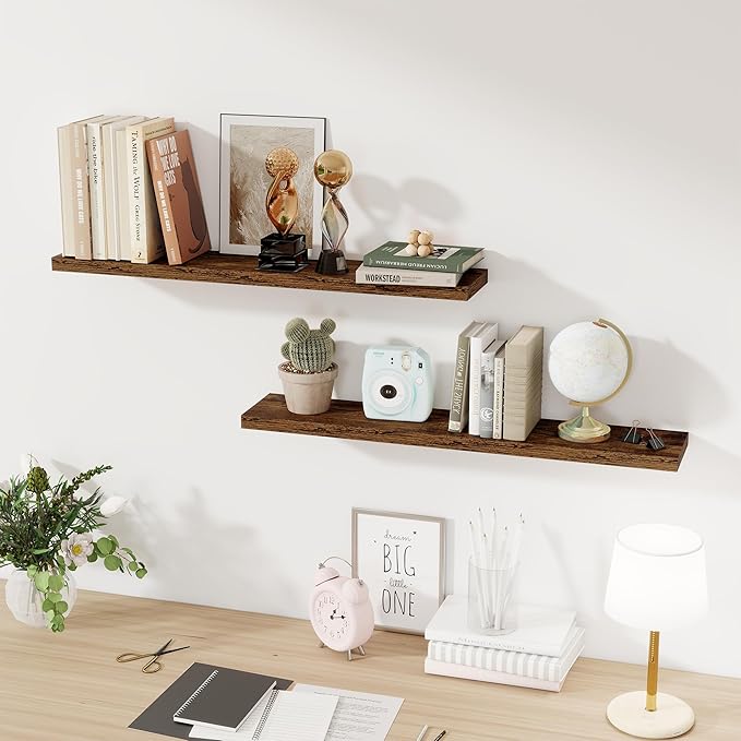 36Inch Floating Shelves for Wall 2 Pack Wood Shelves for Kitchen, Bathroom, Bedroom Wall Mounted Rustic Wood Floating Shelf with Invisible Brackets for Books, Storage, Decor, Rustic Brown-CasaMuseHome