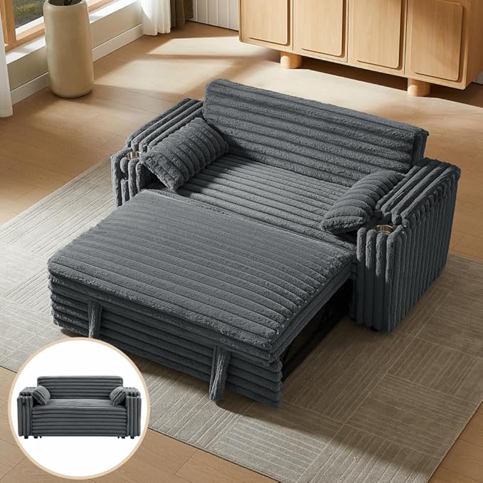 68.11" Corduroy Convertible Sofa Bed with USB Charging Port, Foldable Sleeper Chair with Pillows & Armrests, 3-in-1 Floor Couch for Living Room, Bedroom, Guest Room – Dark Gray-CasaMuseHome