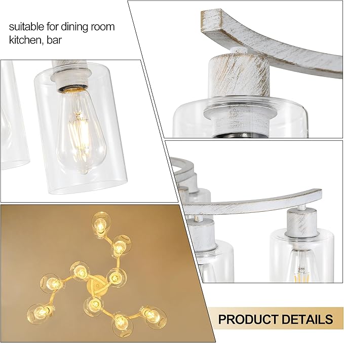 9-Light Antique White Chandelier with Clear Glass Shade, French Country Chandeliers for Dining Room, Adjustable Height Hanging Chandelier for Kitchen Island Living Room Foyer Bedroom-CasaMuseHome